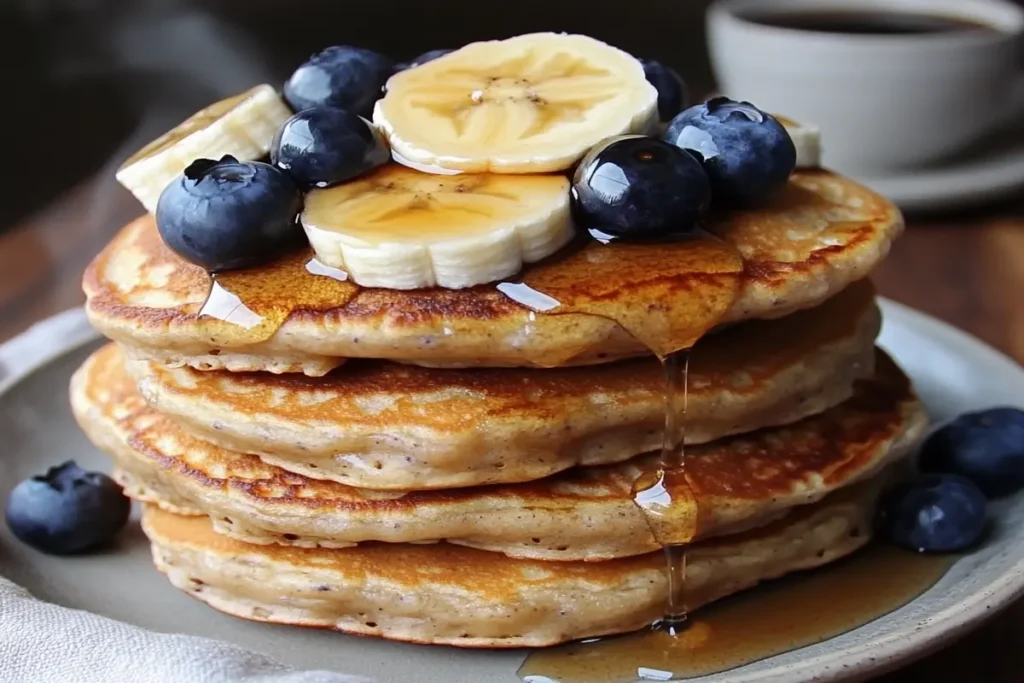 A stack of Kodiak Cakes pancakes with blueberries, bananas, and syrup.