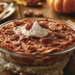 A freshly baked pumpkin dump cake in a glass dish with pecans and whipped cream