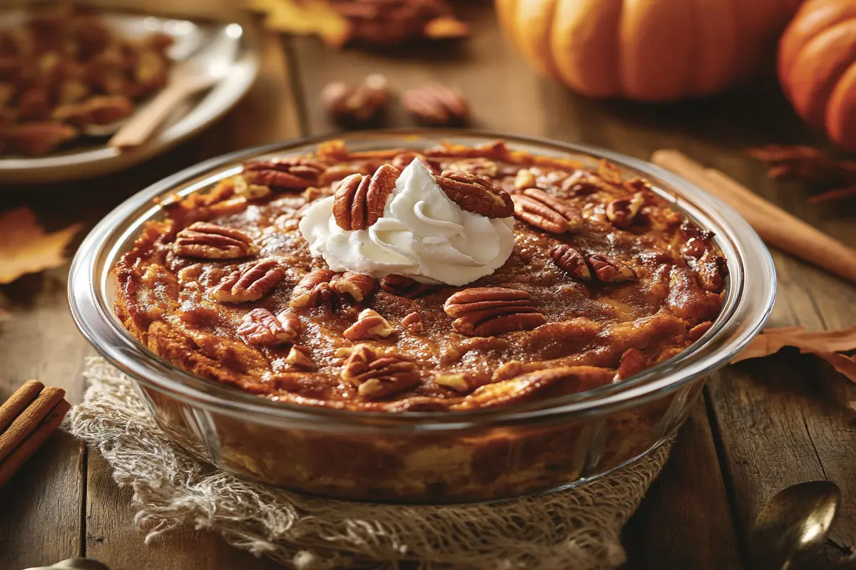 A freshly baked pumpkin dump cake in a glass dish with pecans and whipped cream