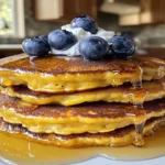 Stack of fluffy yogurt pancakes topped with blueberries and maple syrup