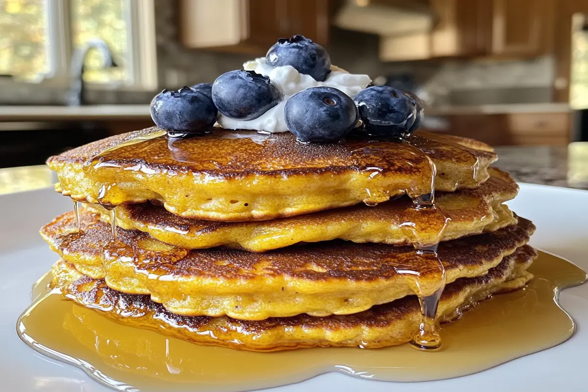 Stack of fluffy yogurt pancakes topped with blueberries and maple syrup