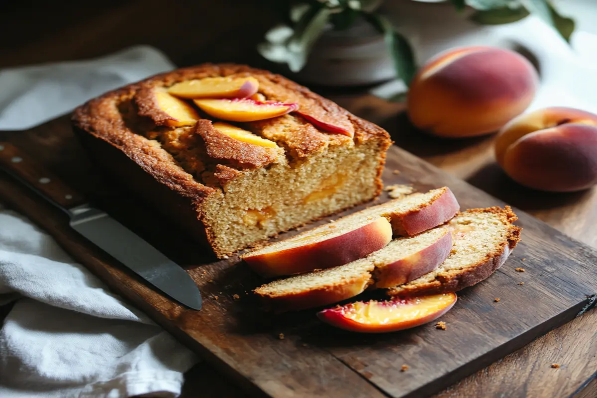 A loaf of peach bread sliced on a wooden cutting board with fresh peaches