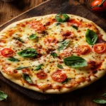 Freshly baked naan pizza with toppings like cheese and basil