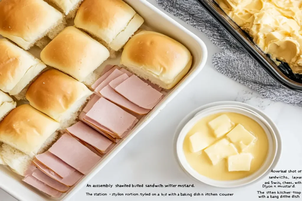 Assembly station for funeral sandwiches with rolls, ham, and cheese