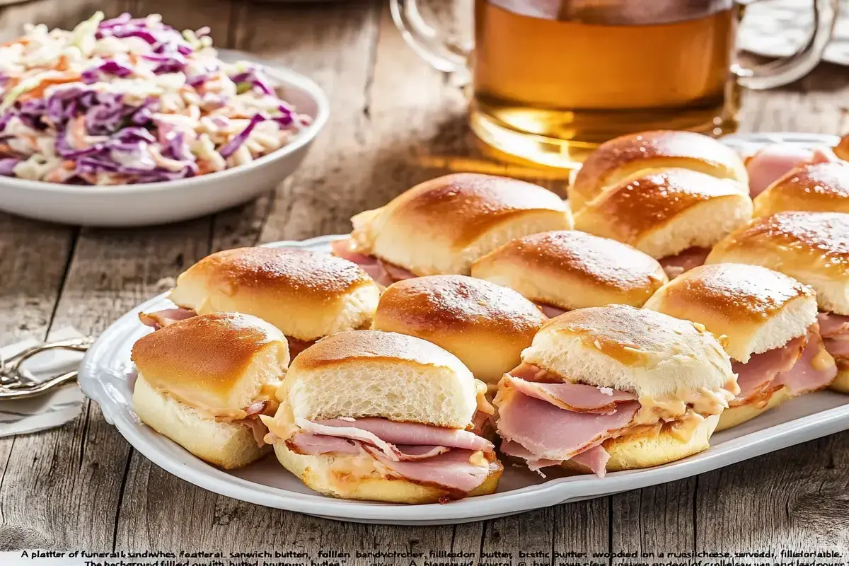 Golden funeral sandwiches served on a rustic wooden table with coleslaw