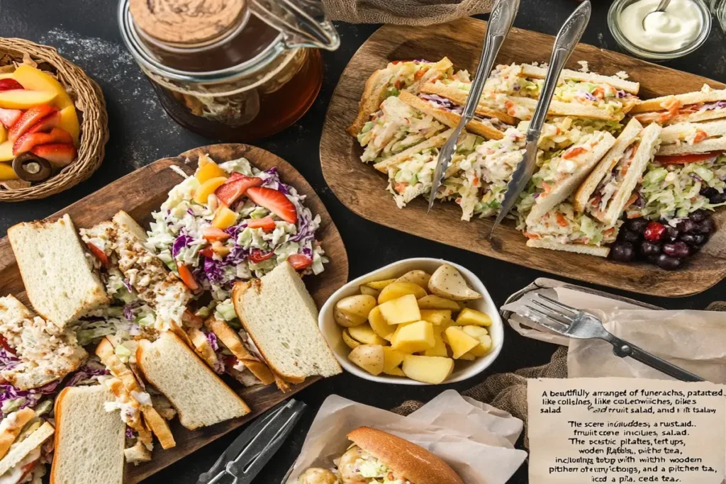 Funeral sandwiches served with coleslaw, potato salad, and fruit salad