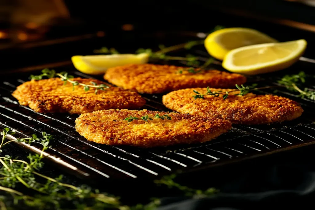 Baked chicken cutlets on a tray with lemon wedges and thyme