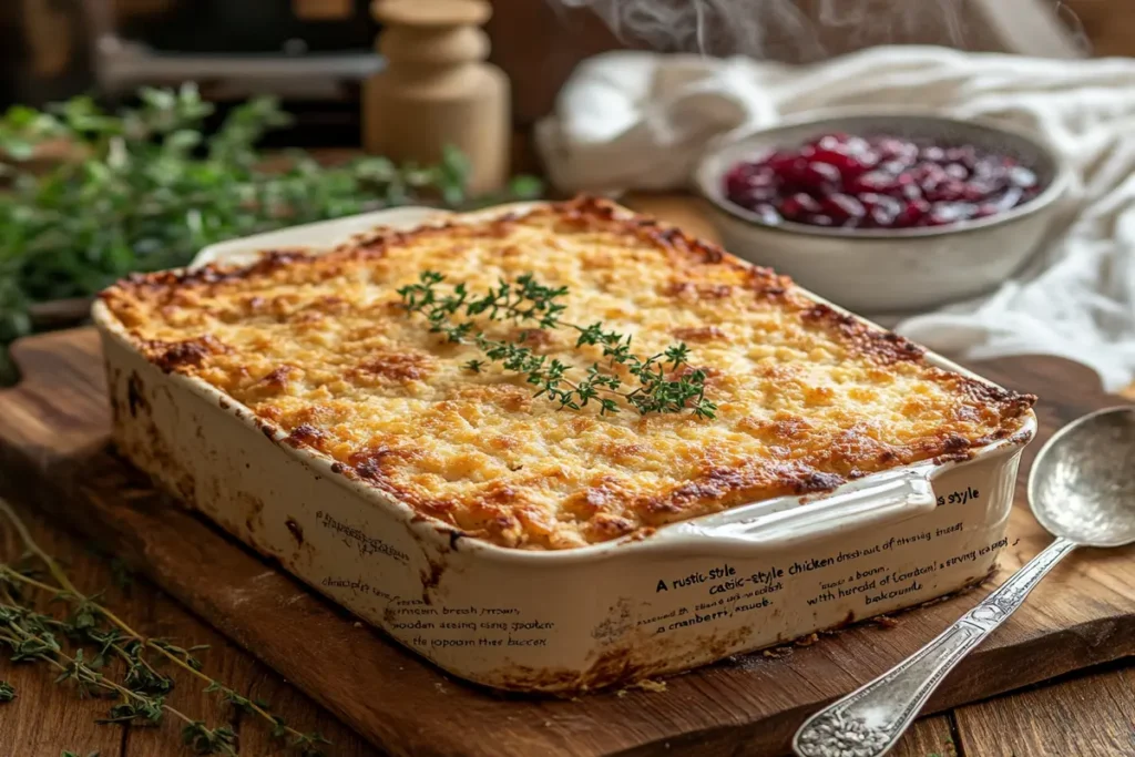 Chicken dressing casserole fresh out of the oven on a rustic table