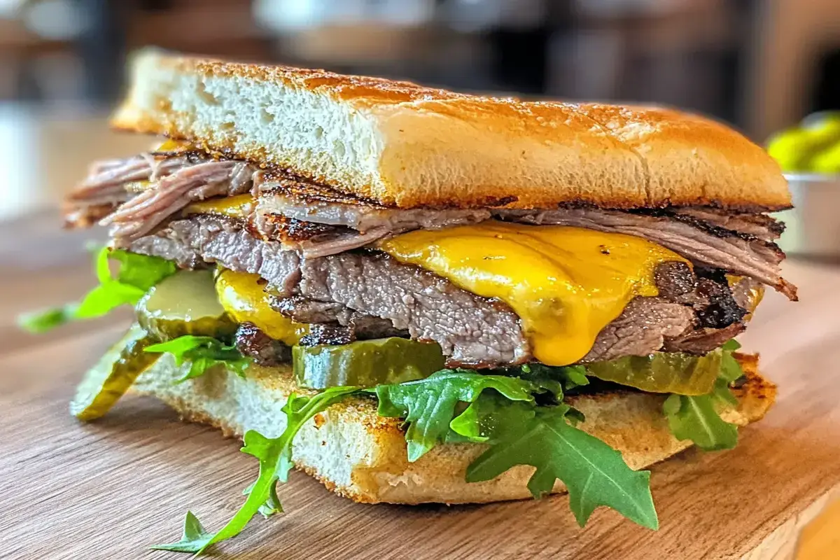 Beef and cheese deli sandwich with cheddar on ciabatta bread