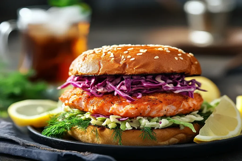 Gourmet canned salmon burger served with coleslaw and iced tea