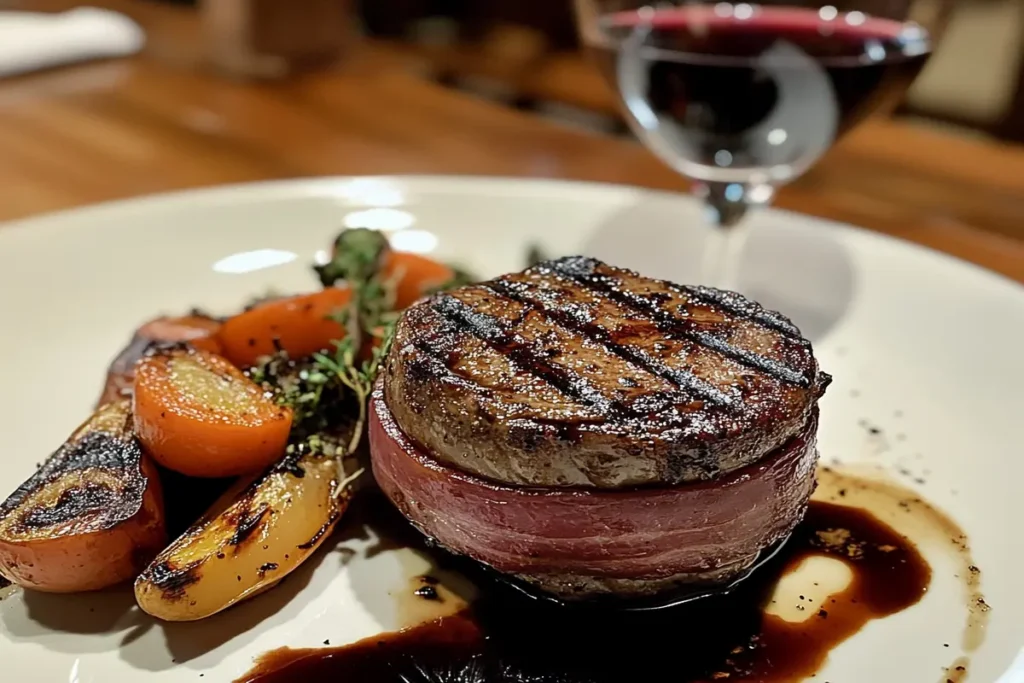 Plated bacon-wrapped filet mignon with red wine and vegetables