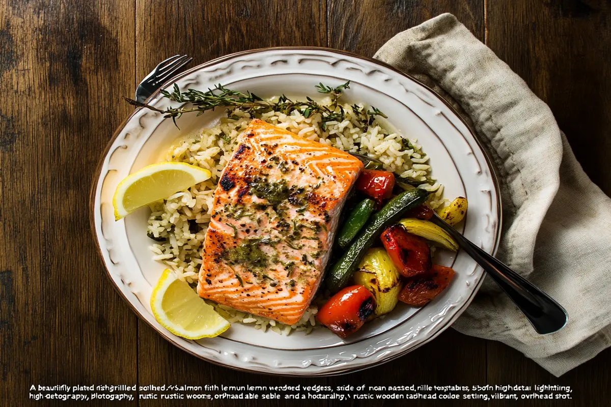 Grilled salmon fillet with herbed rice and roasted vegetables