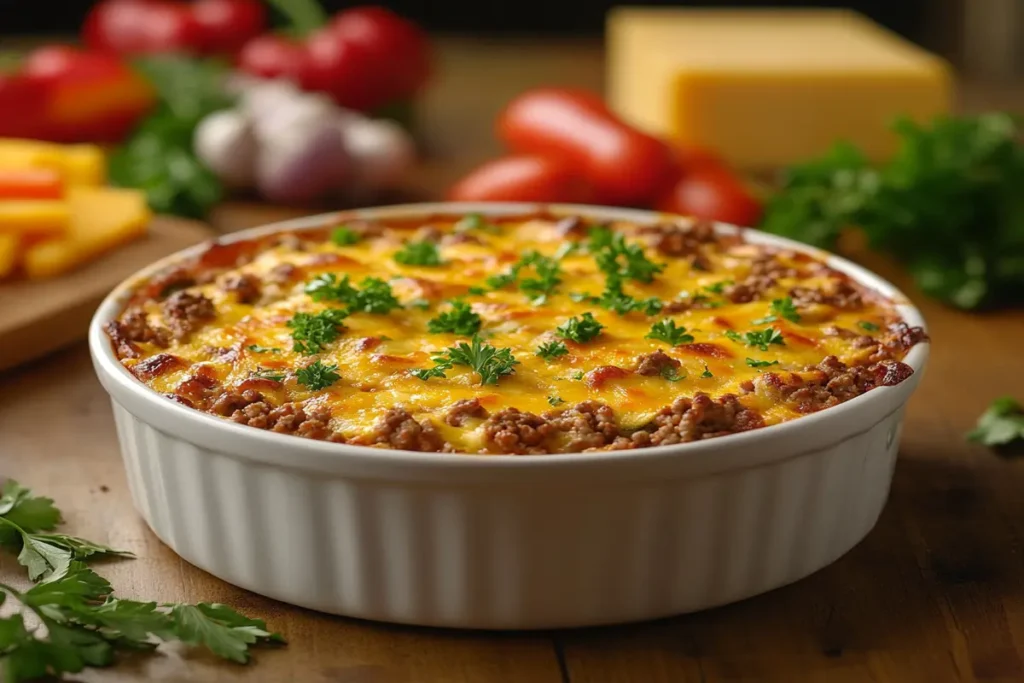 Baked ground turkey casserole with melted cheese and parsley in a ceramic dish