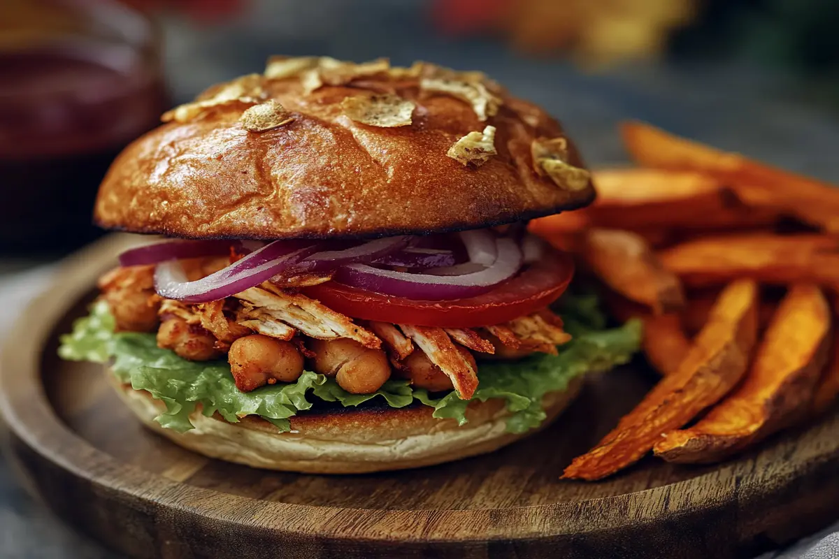 Chickpea burger with tahini sauce and sweet potato fries