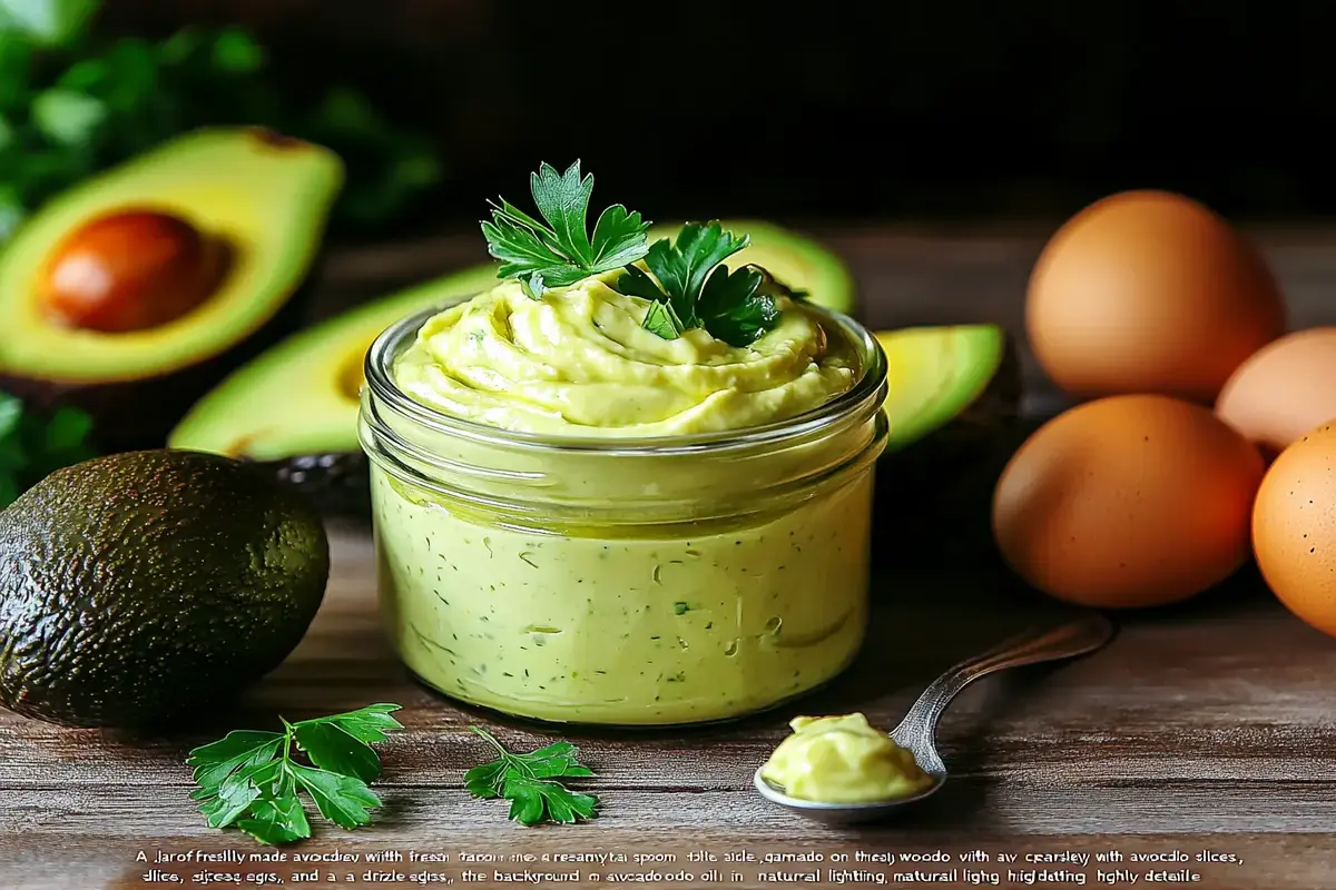 Fresh avocado oil mayo in a jar with parsley and avocado slices