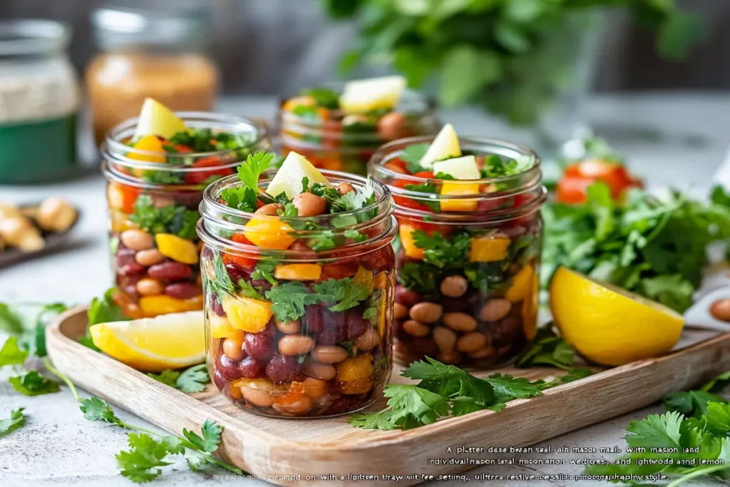 Individual portions of dense bean salad in mason jars