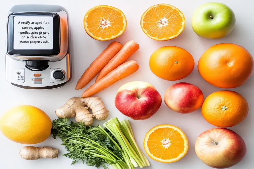 Flat lay of carrot juice ingredients including carrots, apples, and oranges