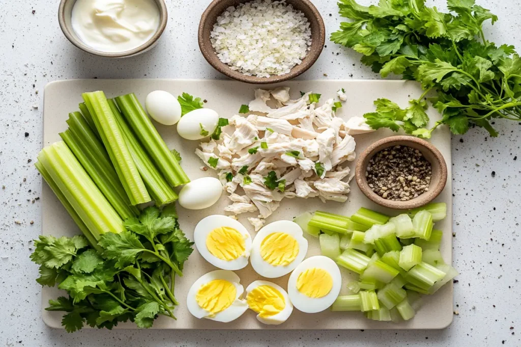 Ingredients for chicken salad with eggs, including chicken, eggs, celery, and herbs.
