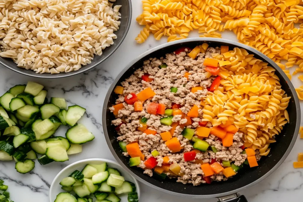 Ground turkey, vegetables, cheese, and pasta for a casserole.
