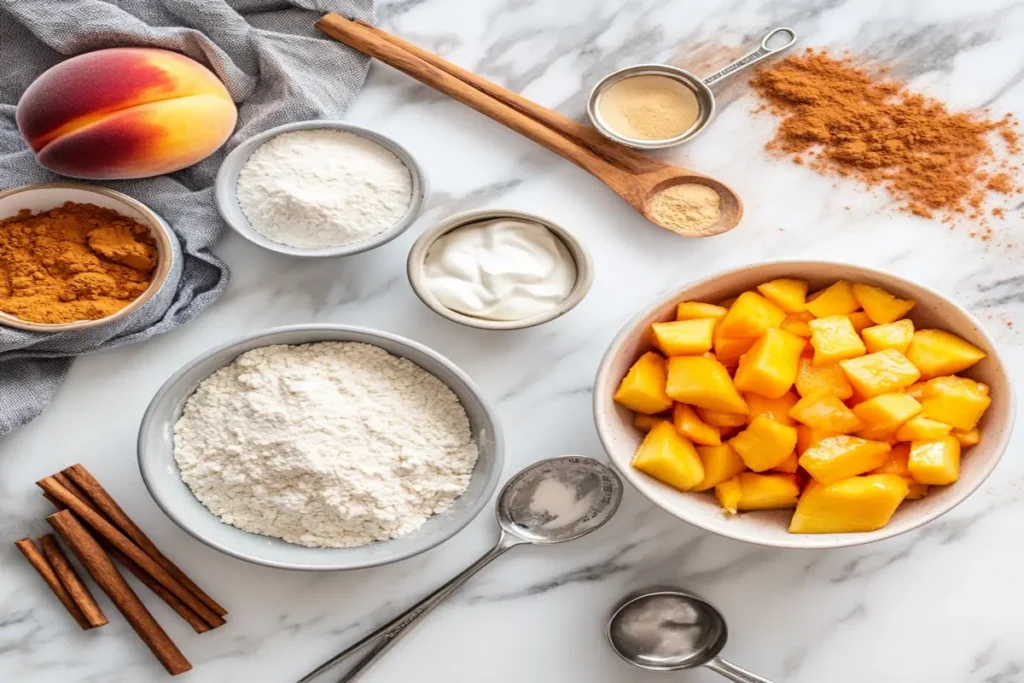 Ingredients for peach bread, including flour, sugar, and fresh peaches