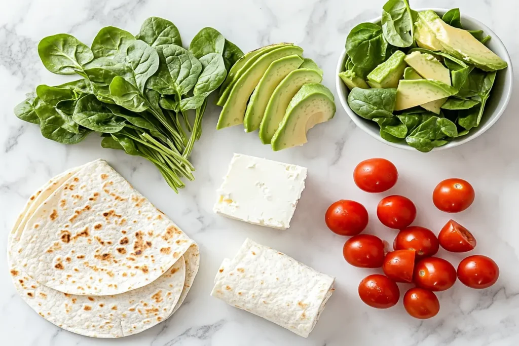 Flat lay of fresh ingredients for a cottage cheese wrap