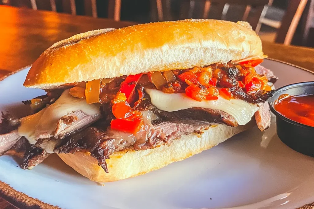 Italian beef and cheese sandwich with provolone and giardiniera