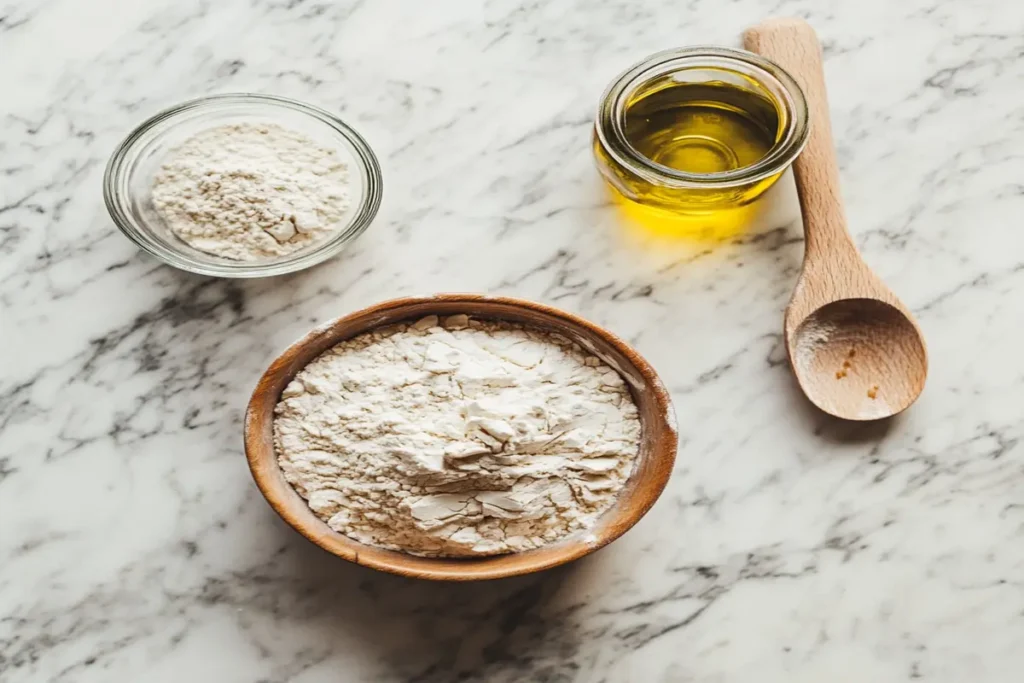 Ingredients for Italian bread recipes, including flour, yeast, and olive oil