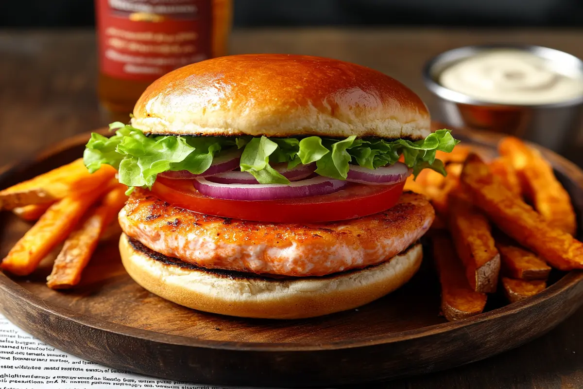 Canned salmon burger with brioche bun and sweet potato fries