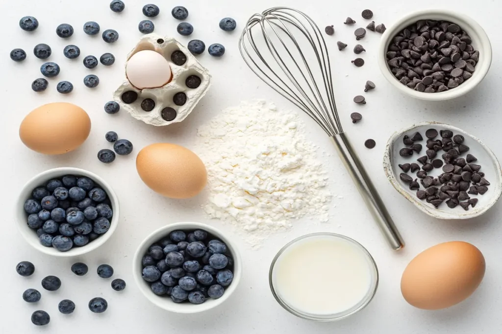 Ingredients for Kodiak Cakes pancakes, including mix, eggs, milk, and fruit