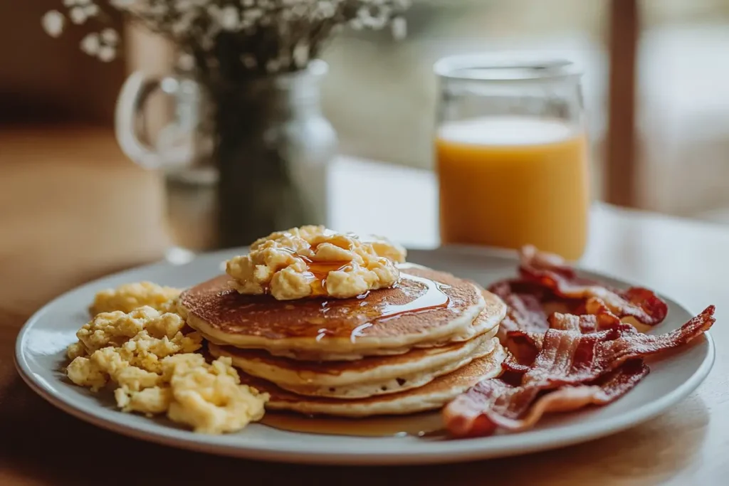 Kodiak Cakes pancakes served with eggs, bacon, and orange juice.