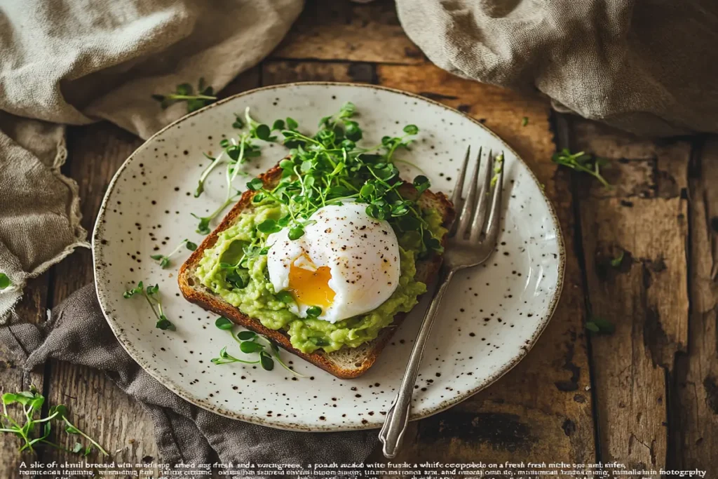 Lentil bread slice topped with avocado and poached egg