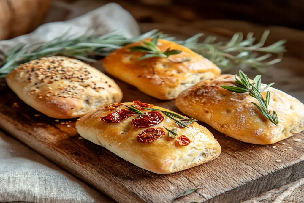  Three mini Italian breads with unique flavors.