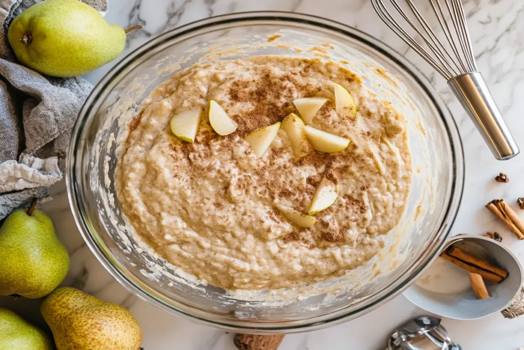 Pear bread batter with diced pears and spices in a mixing bowl