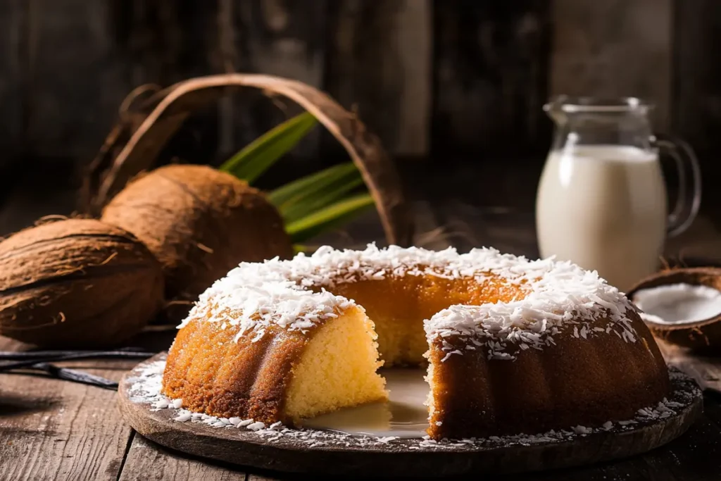 Freshly baked Caribbean coconut cake with coconut glaze