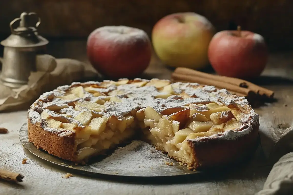 Freshly baked apple cake with powdered sugar and caramel drizzle