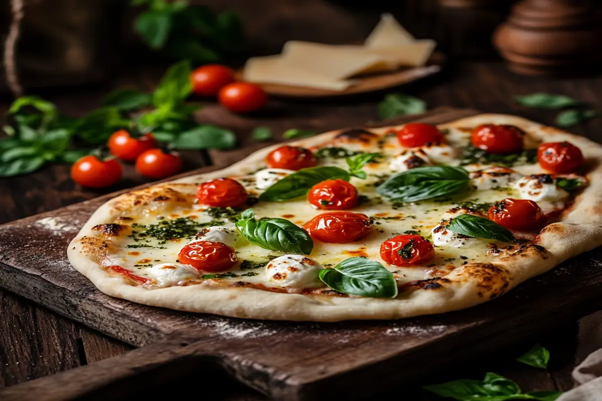 Freshly baked naan bread pizza with basil and tomatoes on a wooden table