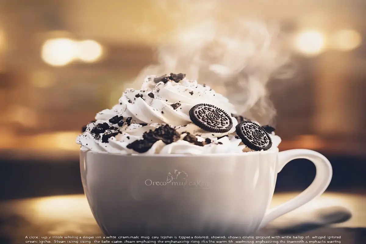 Oreo mug cake in a white mug topped with whipped cream and crushed Oreos