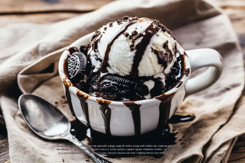 Oreo mug cake served with vanilla ice cream and chocolate drizzle