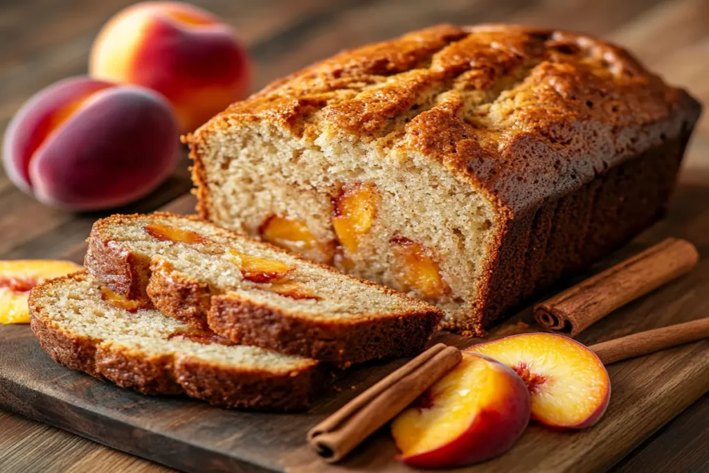 A golden loaf of peach bread with peach chunks and cinnamon