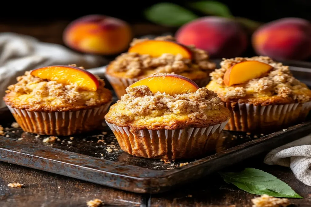 Peach bread muffins with crumb topping on a baking tray