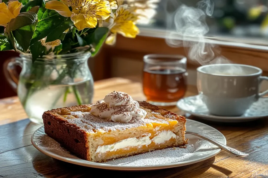 A slice of peach bread with whipped cream and cinnamon