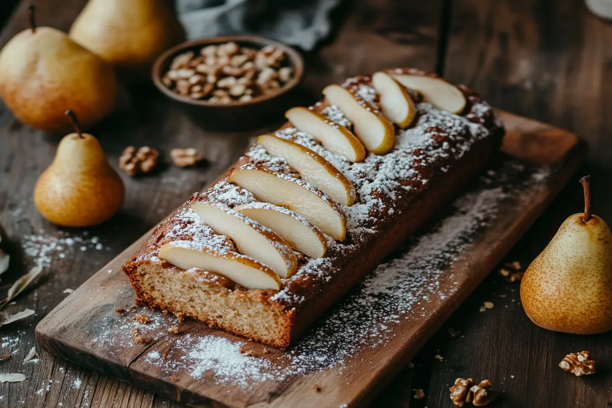 Freshly baked pear bread with powdered sugar and ripe pears