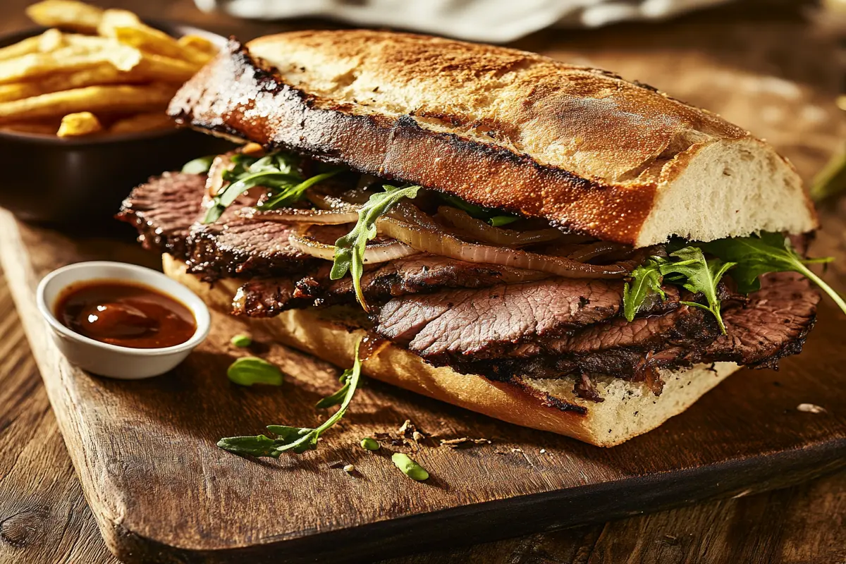 Juicy tri-tip sandwich with caramelized onions and greens on a wooden cutting board