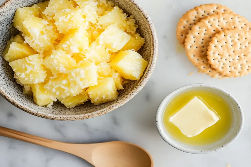 Ingredients for pineapple casserole, including pineapple, cheese, and crackers