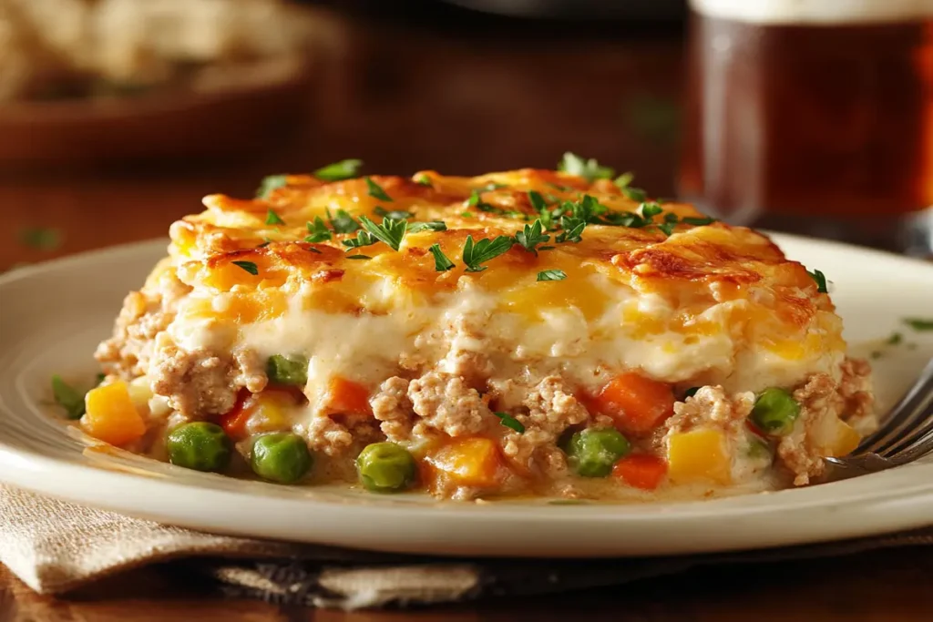  A serving of ground turkey casserole on a white plate with iced tea