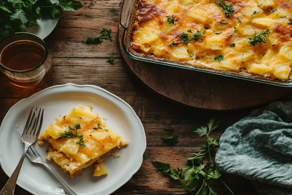 A plated portion of pineapple casserole with layers of pineapple and cheese