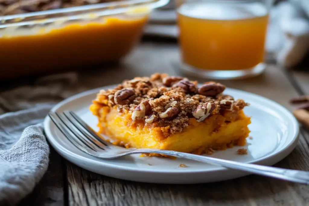 A serving of Ruth's Chris sweet potato casserole on a plate