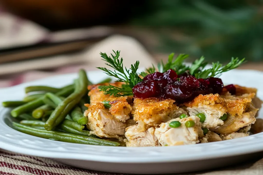 Plated chicken dressing casserole with green beans and cranberry sauce