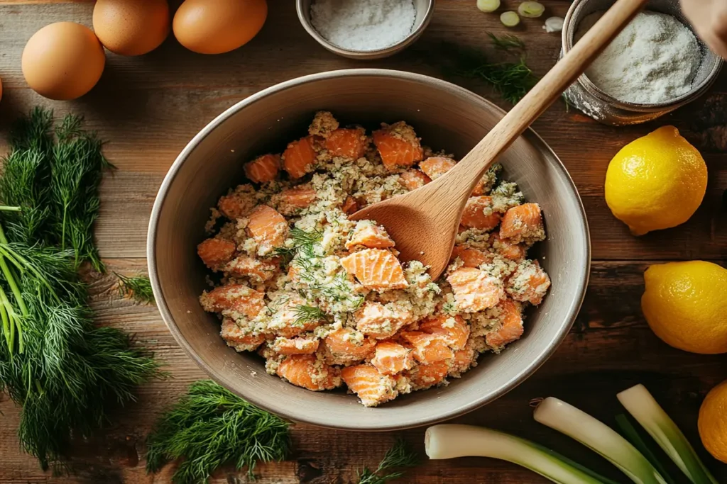 Mixing ingredients for canned salmon burger patties