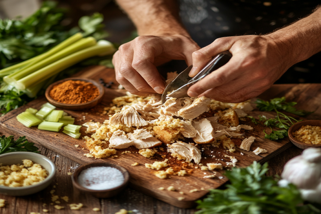 Shredded chicken preparation for chicken and dressing recipe